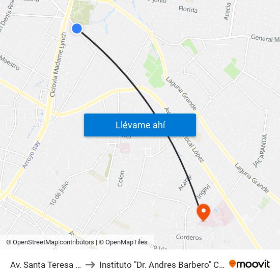 Av. Santa Teresa Y Arturo Pereira to Instituto "Dr. Andres Barbero" Carrera de Obstetricia - UNA map