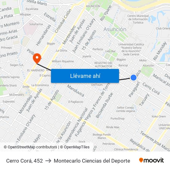 Cerro Corá, 452 to Montecarlo Ciencias del Deporte map