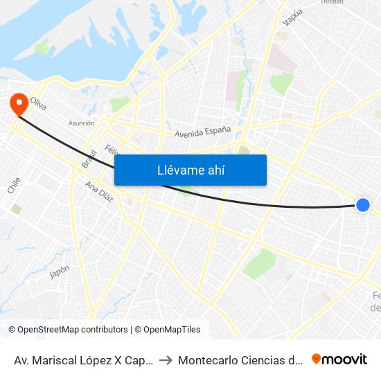 Av. Mariscal López X Capitán Bueno to Montecarlo Ciencias del Deporte map