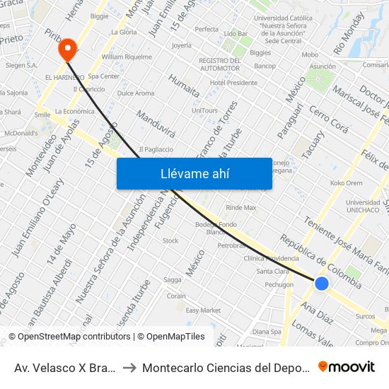 Av. Velasco X Brasil to Montecarlo Ciencias del Deporte map