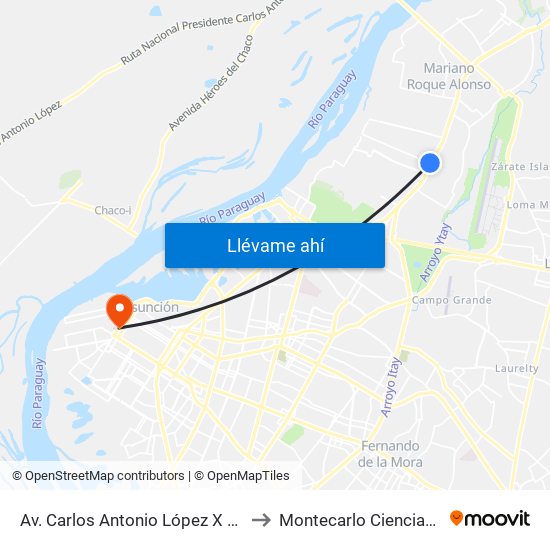 Av. Carlos Antonio López X Av. Eusebio Ayala to Montecarlo Ciencias del Deporte map