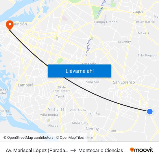 Av. Mariscal López (Parada Km. 17 (1/2)) to Montecarlo Ciencias del Deporte map