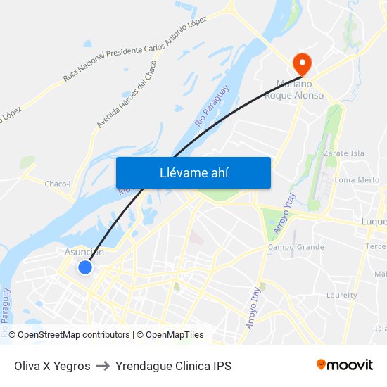 Oliva X Yegros to Yrendague Clinica IPS map