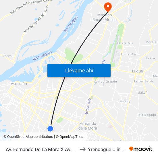 Av. Fernando De La Mora X Av. Argentina to Yrendague Clinica IPS map