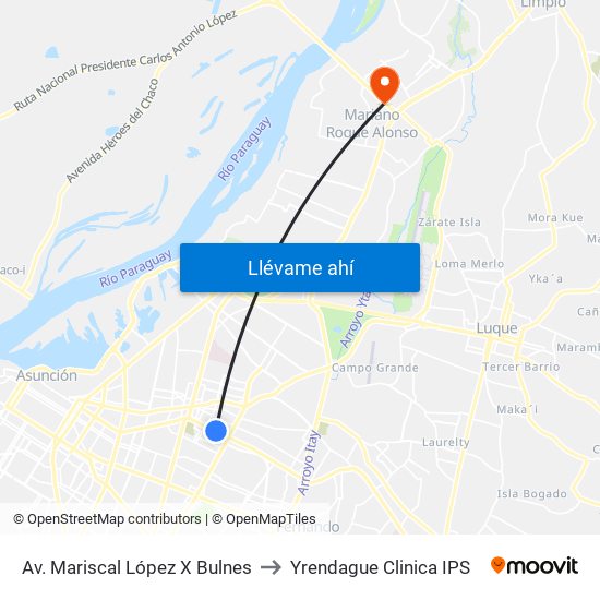 Av. Mariscal López X Bulnes to Yrendague Clinica IPS map