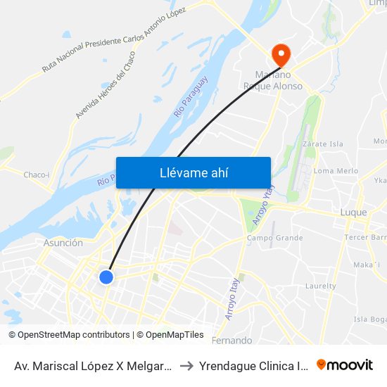 Av. Mariscal López X Melgarejo to Yrendague Clinica IPS map
