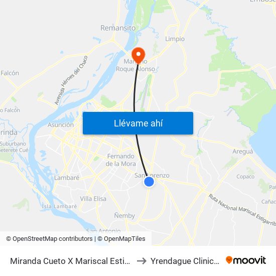 Miranda Cueto X Mariscal Estigarribia to Yrendague Clinica IPS map