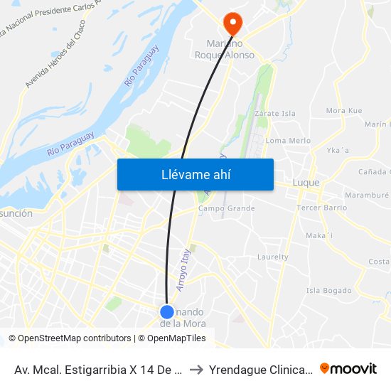 Av. Mcal. Estigarribia X 14 De Mayo to Yrendague Clinica IPS map