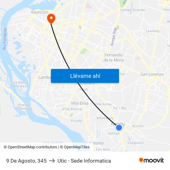 9 De Agosto, 345 to Utic - Sede Informatica map