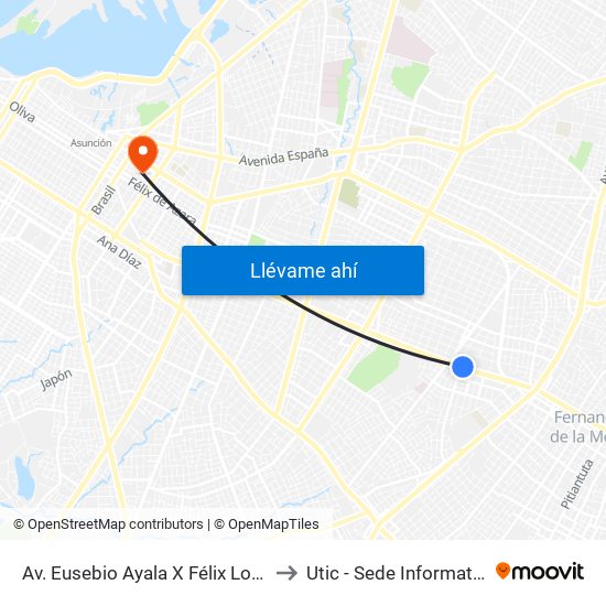 Av. Eusebio Ayala X Félix Lopéz to Utic - Sede Informatica map