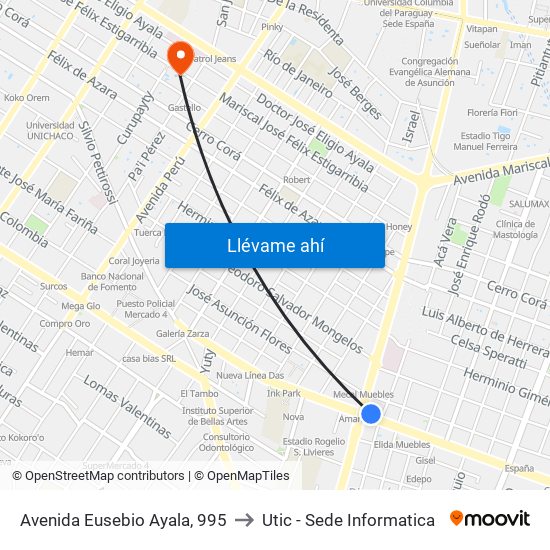 Avenida Eusebio Ayala, 995 to Utic - Sede Informatica map