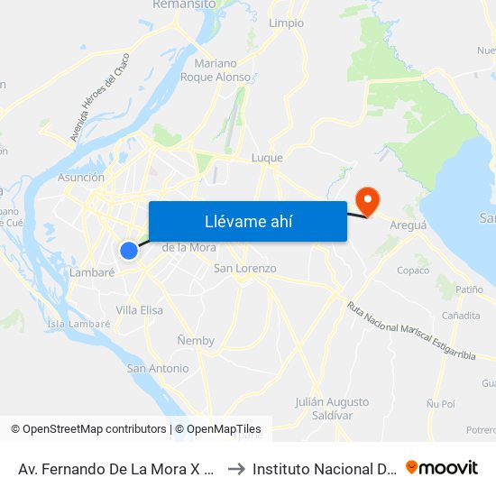 Av. Fernando De La Mora X Av. República Argentina to Instituto Nacional Del Cancer aregua map