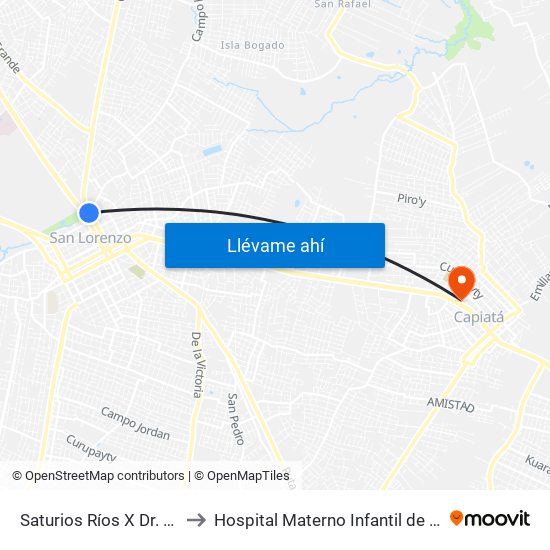 Saturios Ríos X Dr. Pellón to Hospital Materno Infantil de  Capiata map