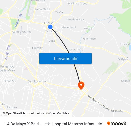 14 De Mayo X Balderrama to Hospital Materno Infantil de  Capiata map