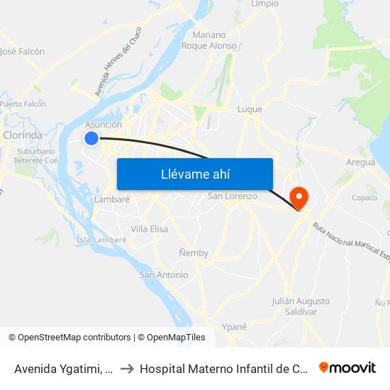Avenida Ygatimi, 880 to Hospital Materno Infantil de  Capiata map