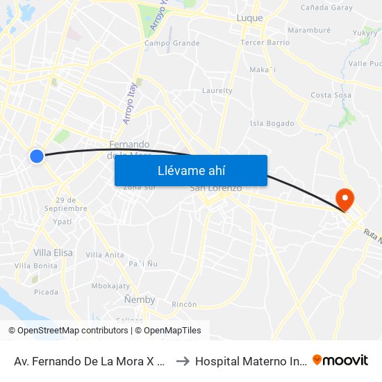 Av. Fernando De La Mora X Av. República Argentina to Hospital Materno Infantil de  Capiata map