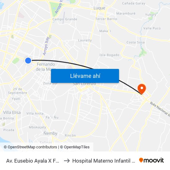 Av. Eusebio Ayala X Félix Lopéz to Hospital Materno Infantil de  Capiata map