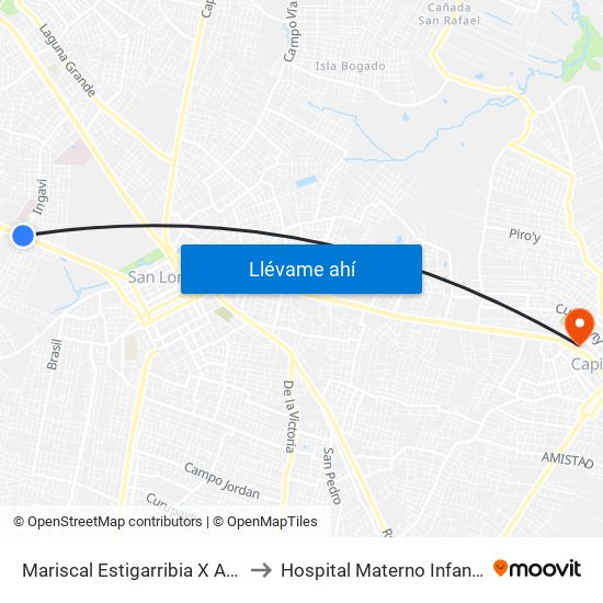 Mariscal Estigarribia X Andrés Barbero to Hospital Materno Infantil de  Capiata map