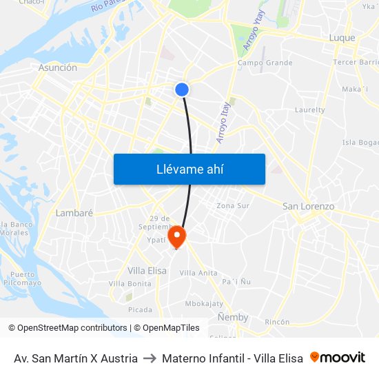 Av. San Martín X Austria to Materno Infantil - Villa Elisa map