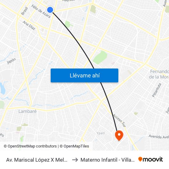 Av. Mariscal López X Melgarejo to Materno Infantil - Villa Elisa map