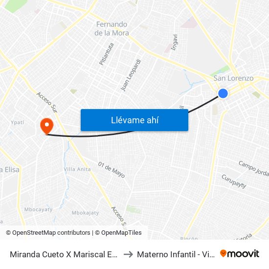 Miranda Cueto X Mariscal Estigarribia to Materno Infantil - Villa Elisa map