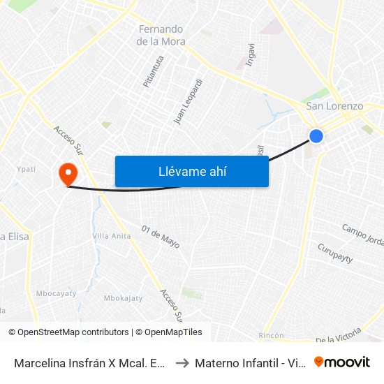 Marcelina Insfrán X Mcal. Estigarribia to Materno Infantil - Villa Elisa map