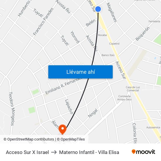 Acceso Sur X Israel to Materno Infantil - Villa Elisa map