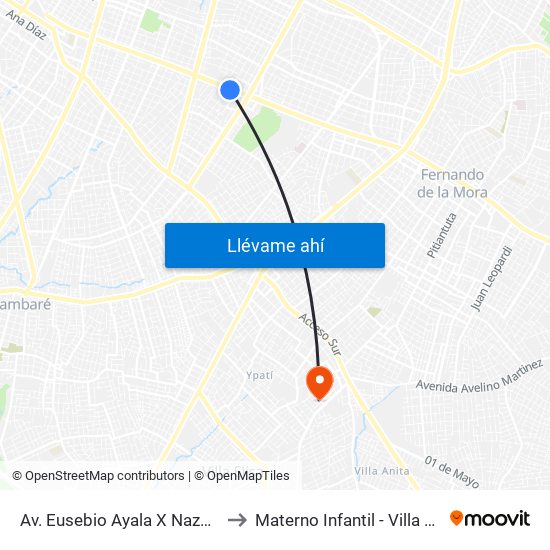 Av. Eusebio Ayala X Nazareth to Materno Infantil - Villa Elisa map