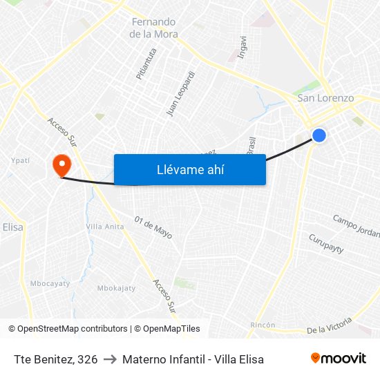 Tte Benitez, 326 to Materno Infantil - Villa Elisa map