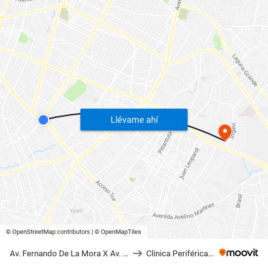 Av. Fernando De La Mora X Av. Argentina to Clínica Periférica Ingavi map