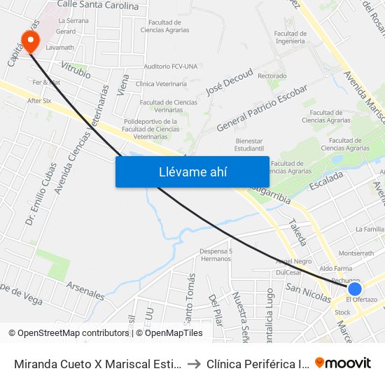 Miranda Cueto X Mariscal Estigarribia to Clínica Periférica Ingavi map