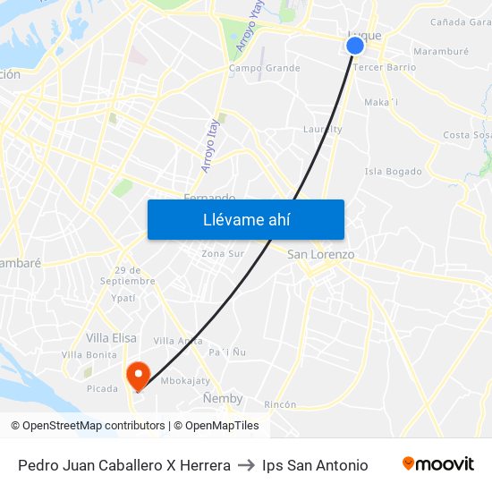Pedro Juan Caballero X Herrera to Ips San Antonio map