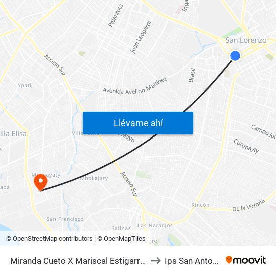 Miranda Cueto X Mariscal Estigarribia to Ips San Antonio map