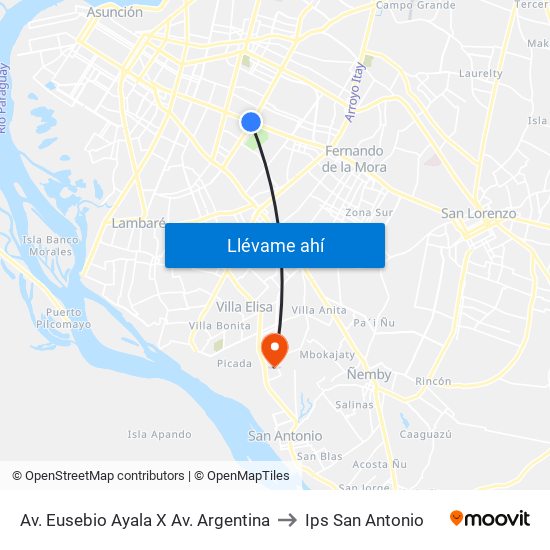 Av. Eusebio Ayala X Av. Argentina to Ips San Antonio map