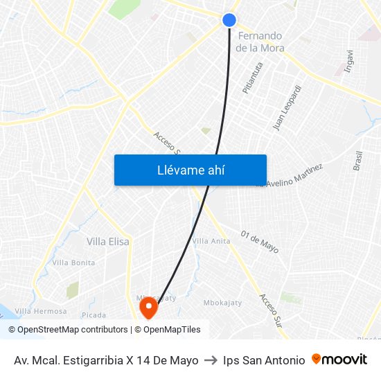 Av. Mcal. Estigarribia X 14 De Mayo to Ips San Antonio map