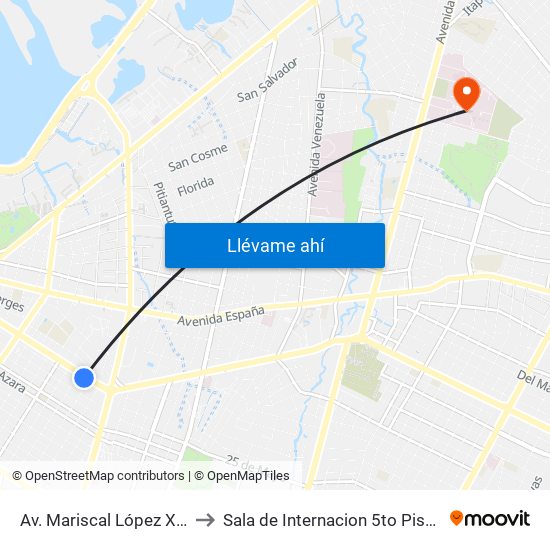 Av. Mariscal López X Melgarejo to Sala de Internacion 5to Piso - IPS Central map