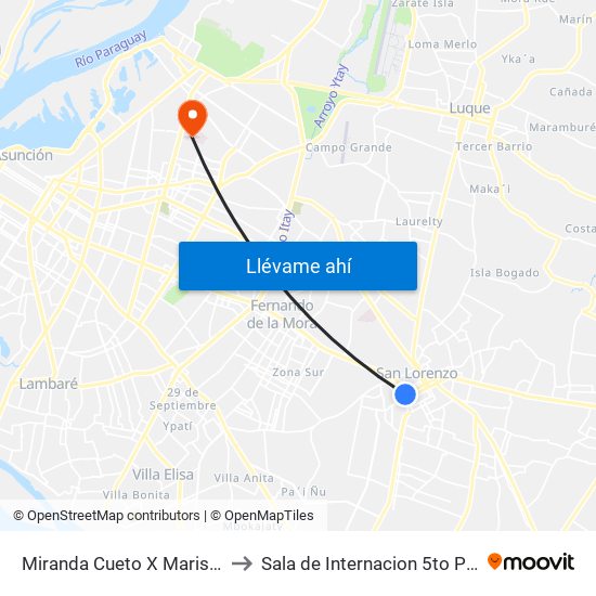 Miranda Cueto X Mariscal Estigarribia to Sala de Internacion 5to Piso - IPS Central map