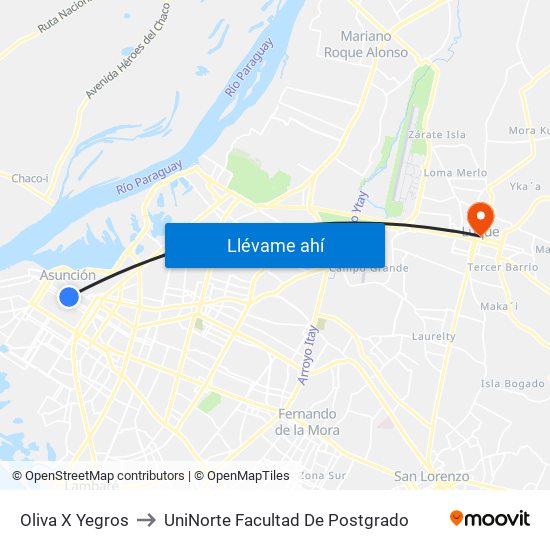Oliva X Yegros to UniNorte Facultad De Postgrado map