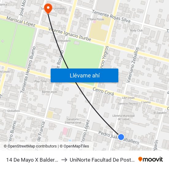 14 De Mayo X Balderrama to UniNorte Facultad De Postgrado map