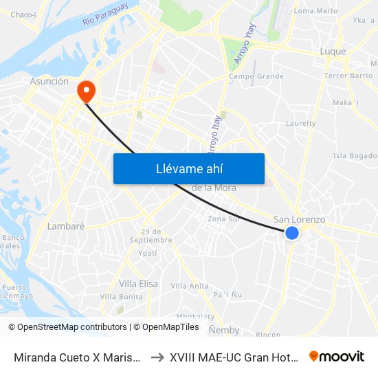 Miranda Cueto X Mariscal Estigarribia to XVIII MAE-UC Gran Hotel del Paraguay map