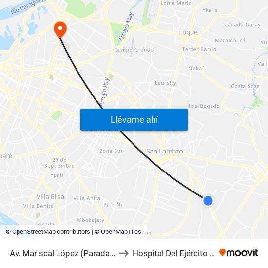 Av. Mariscal López (Parada Km. 17 (1/2)) to Hospital Del Ejército "San Jorge" map