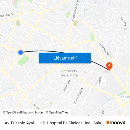Av. Eusebio Ayala X Av. Argentina to Hospital De Clínicas Una - Sala De Resonancia Magnética map