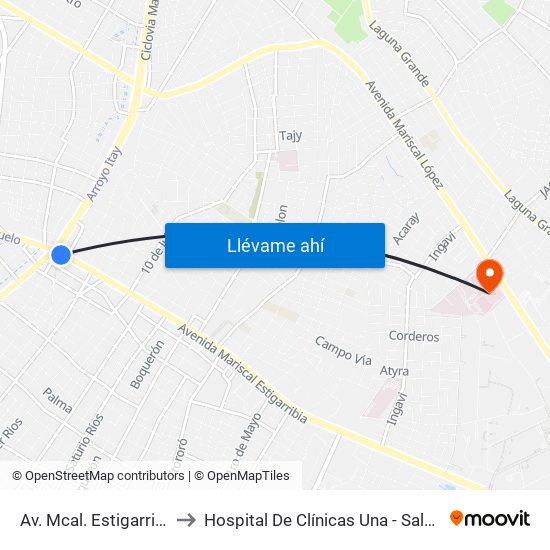 Av. Mcal. Estigarribia X 14 De Mayo to Hospital De Clínicas Una - Sala De Resonancia Magnética map