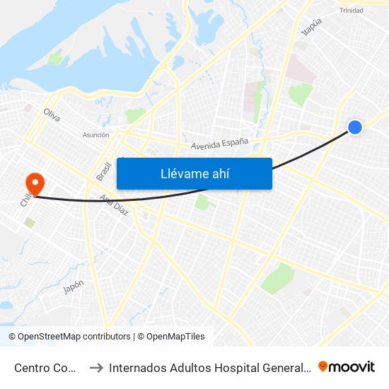 Centro Comercial to Internados Adultos Hospital General Barrio Obrero map