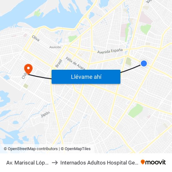 Av. Mariscal López X Bulnes to Internados Adultos Hospital General Barrio Obrero map