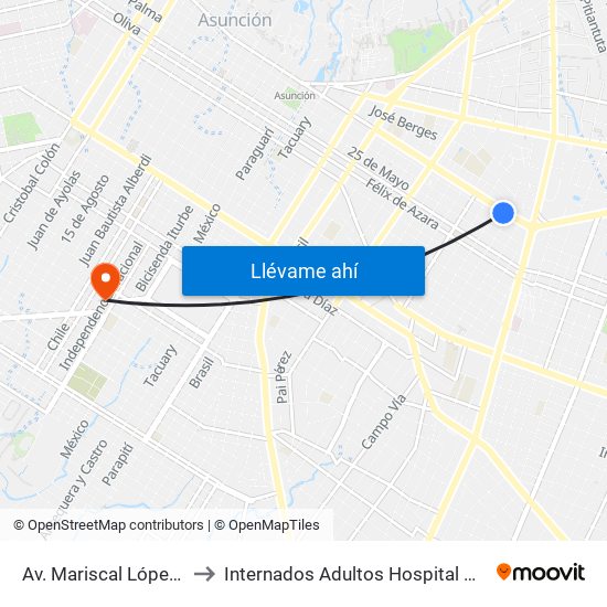 Av. Mariscal López X Melgarejo to Internados Adultos Hospital General Barrio Obrero map