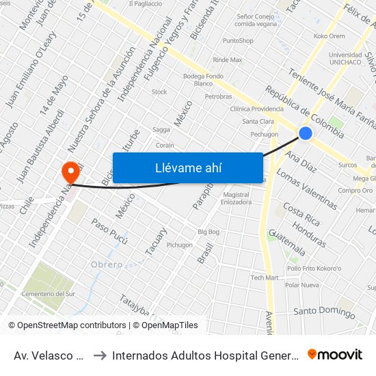 Av. Velasco X Brasil to Internados Adultos Hospital General Barrio Obrero map