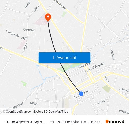 10 De Agosto X Sgto. Silva to PQC Hospital De Clínicas S.L. map
