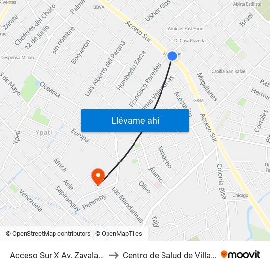 Acceso Sur X Av. Zavalas Cué to Centro de Salud de Villa Elisa map