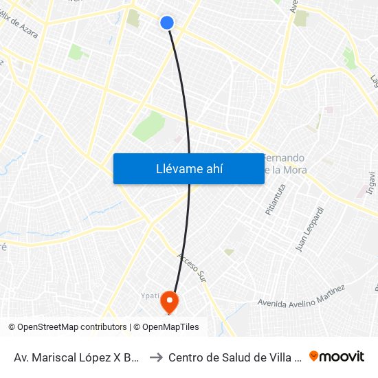Av. Mariscal López X Bulnes to Centro de Salud de Villa Elisa map